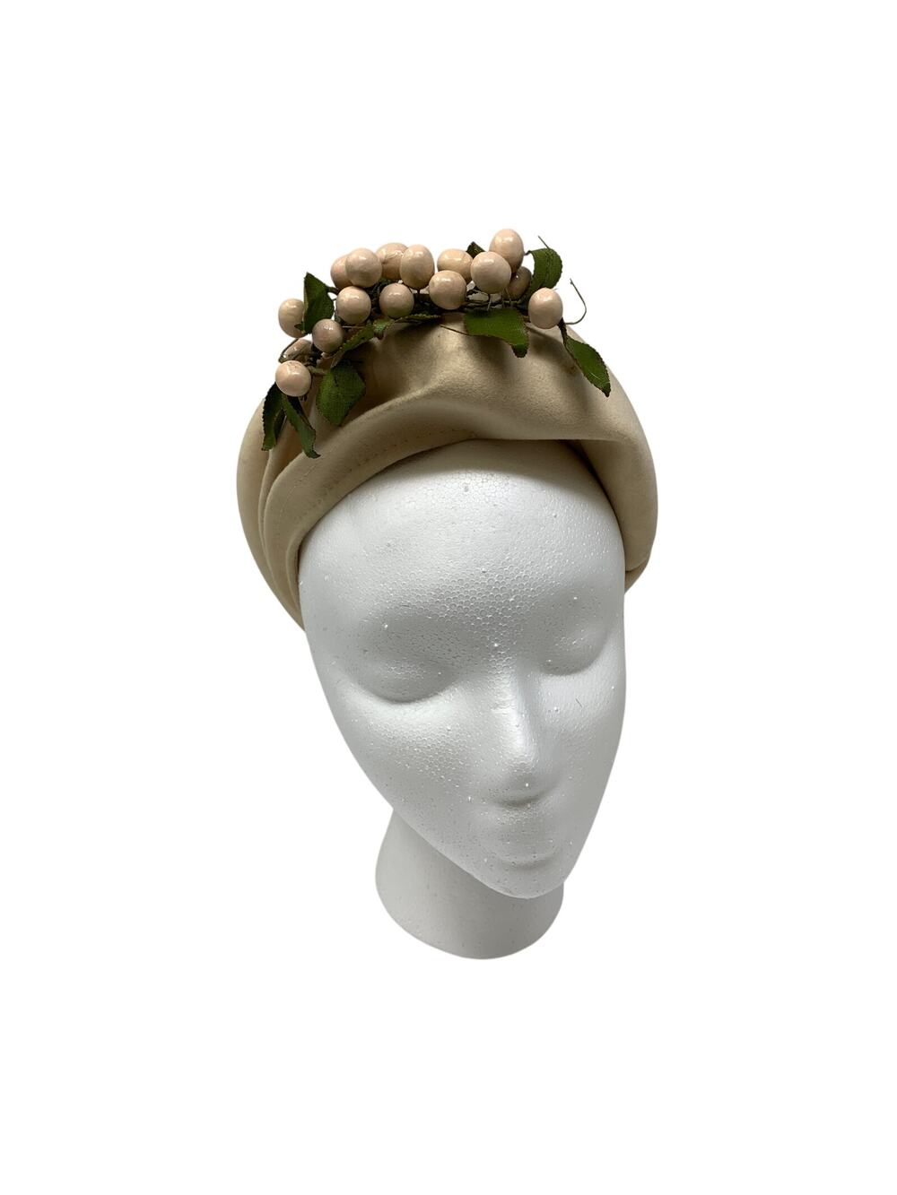 Vintage Ivory Felt Hat Faux Berry Leaf Trim Womens Mid Century Cocktail